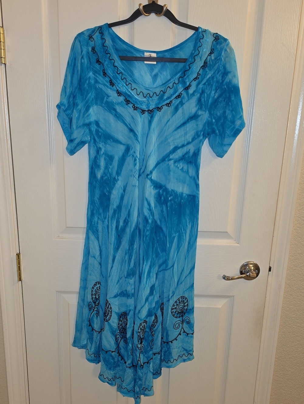 ASHA Blue Tie-Dye Boho Midi Dress with Embroidered Neckline - 100% Rayon